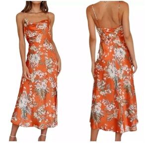NWT Paper Hearts Satin Slip Dress Orange Tropical Floral